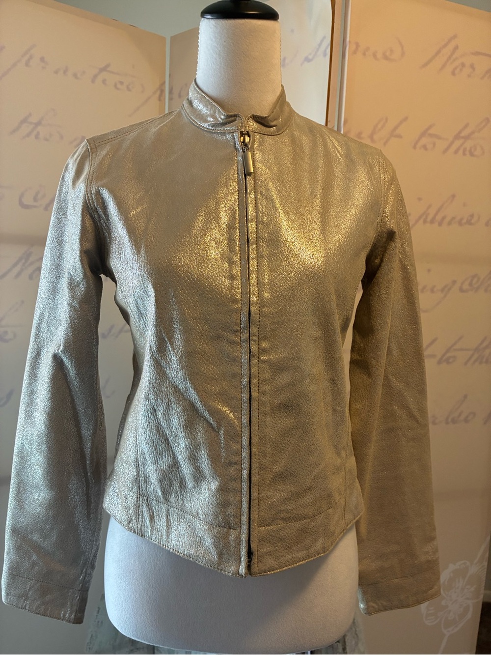 Newport News Metallic Gold Zip-Front Leather Jacket Like New